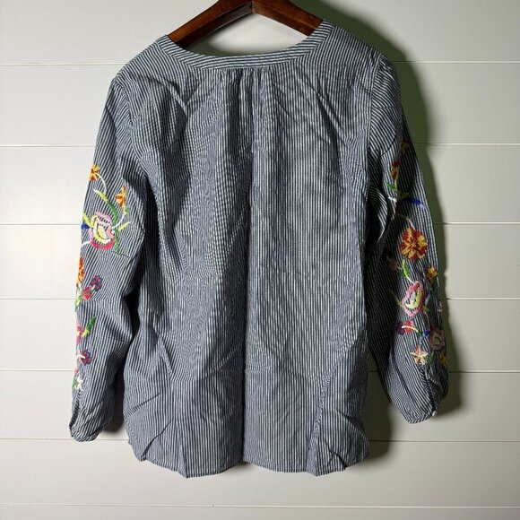 Talbots Long Sleeve Black & White Stripe with Floral Embroidery 100% Cotton Sz L - Picture 4 of 8